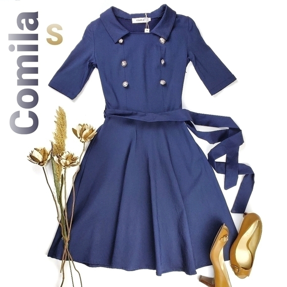 Vintage Dresses & Skirts - Comila Vintage 50 60's Style Navy Dress Size Small